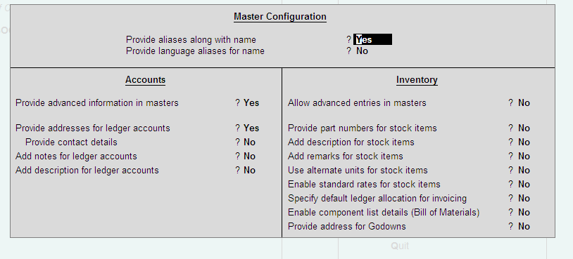 Master Configuration / Accounts Masters | Tally erp9