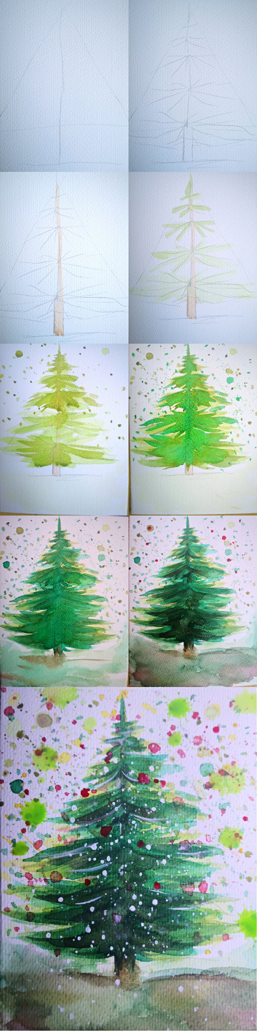 How to draw Watercolor Pine tree