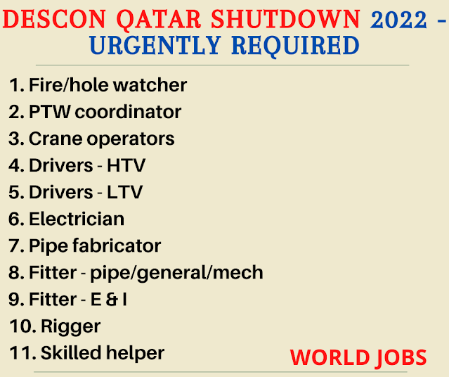 Descon Qatar Shutdown 2022 - Urgently required