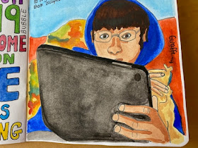 Painting of a boy on his tablet