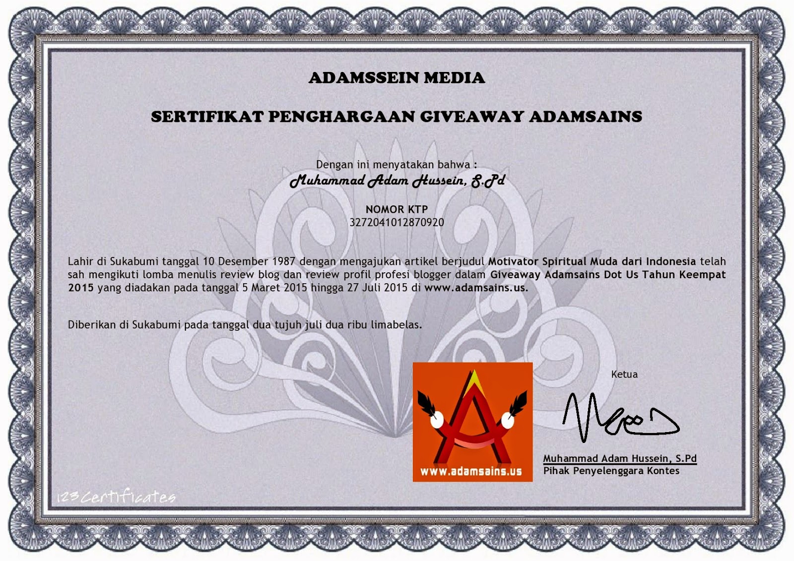  Sertifikat  SEO Master dari Adamssein Media ADAMSAINS 