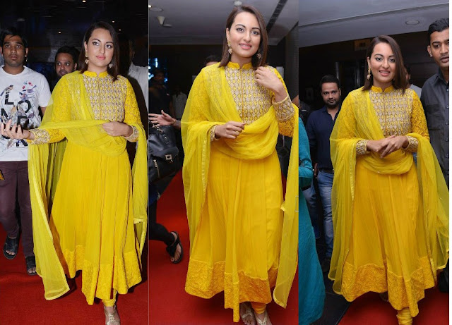 Sonakshi Sinha in Yellow Lucknowi Long Frock Churidar Salwar Kameez at Lingaa Success Meet