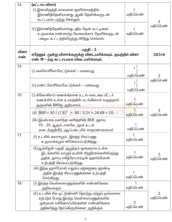 11th Biology - Public Exam 2020 - Answer Key for Original Question Paper - Tamil Medium