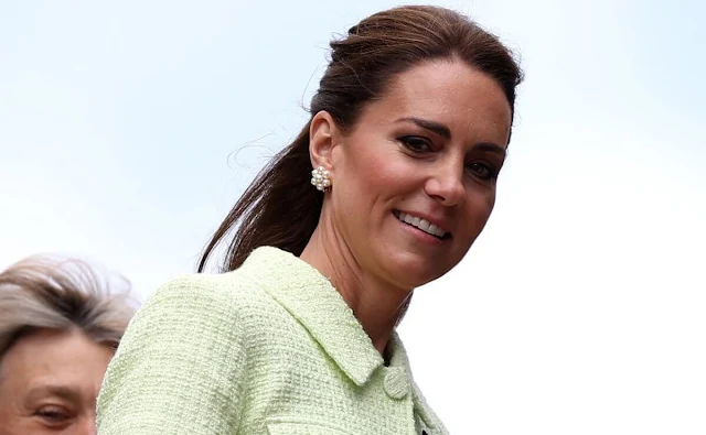 Princess of Wales wore a pastel green lime boucle collared chiffon midi dress by Self Portrait. Cassandra Goad Cavolfiore pearl earrings