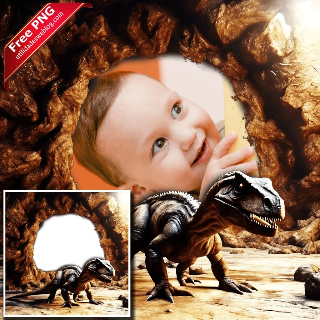 marco para fotos con dinosaurios con apariencia realista en png con fondo transparente para descargar gratis