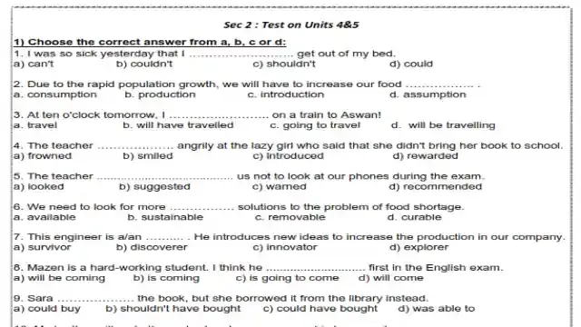 احسن امتحان لغة انجليزية على الوحدتين الثالثة والرابعة للصف الثانى الثانوى الترم الاول 2024