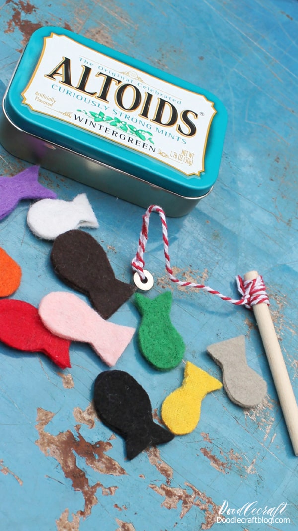 How to Make a Magnetic Fishing Set!  Learn how easy it is to make a cute little pocket size magnetic fishing set to keep small ones entertained. This little magnetic fishing set is easy to carry in a purse, bag or backpack for instant entertainment on the go. Make darling felt fish with magnetic washers inside to easily catch with a magnet fishing pole in 30 minutes.  **UPDATE from 2013: Pocket Sized Magnetic Fishing Set in Altoids tin!**