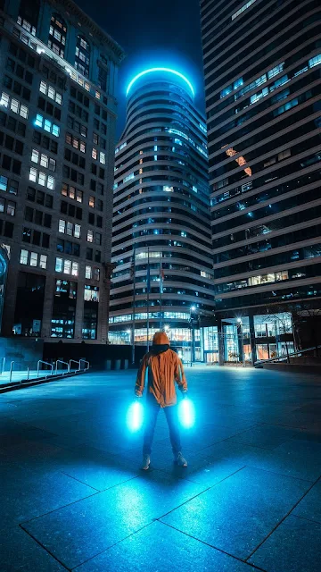 Alone Man, Neon Light, City, Night, Buildings