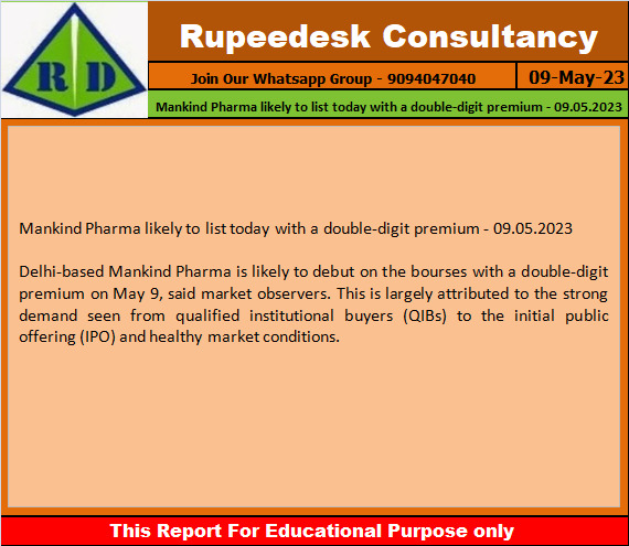 Mankind Pharma likely to list today with a double-digit premium - 09.05.2023