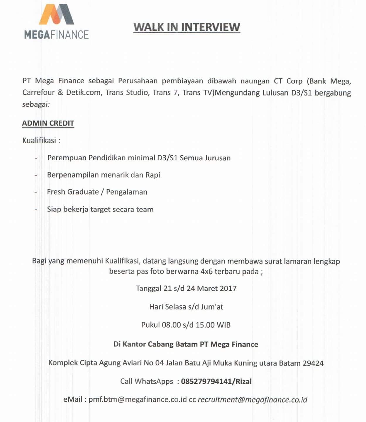 Lowongan Kerja PT. Mega Finance (21-24 Maret 2017) - Bang 
