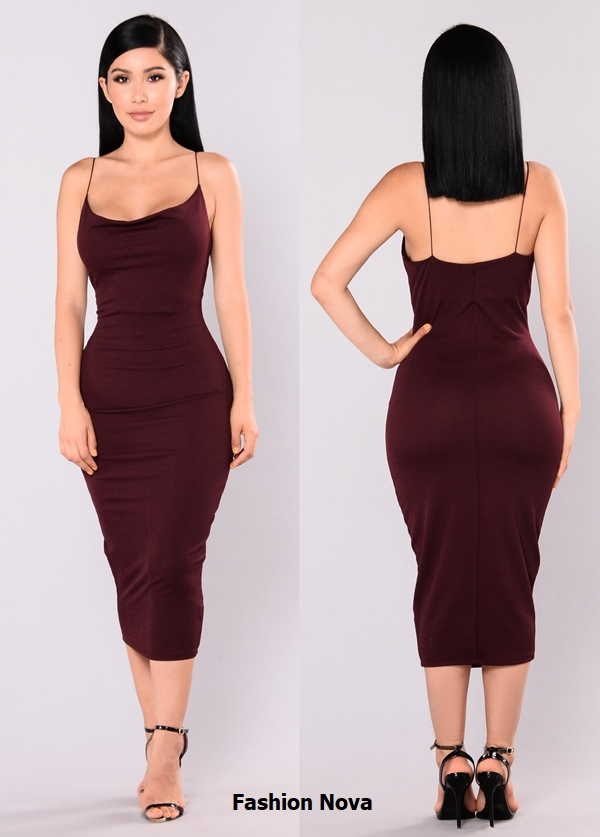 Vestido midi ajustado de tiras color vinotinto vendido por Fashion Nova