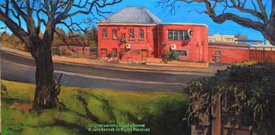 plein air oil painting of the abandoned & derelict heritage hotel, the 'Jolly Frog', Windsor, painted by artist Jane Bennett