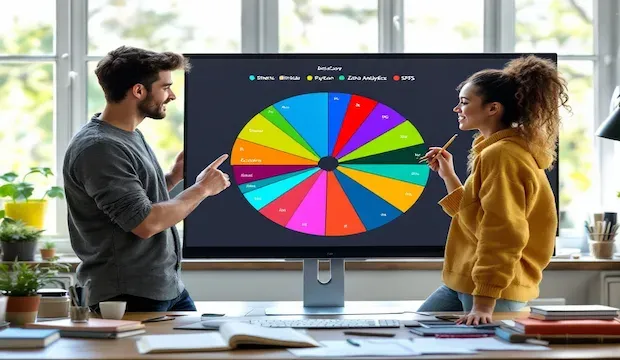 Two students pointing to a pie chart on a computer screen, comparing various online tools for statistical analysis such as Sheets, Minitab, R, Python, Socrative, Zoho Analytics, DataCamp, and SPSS.