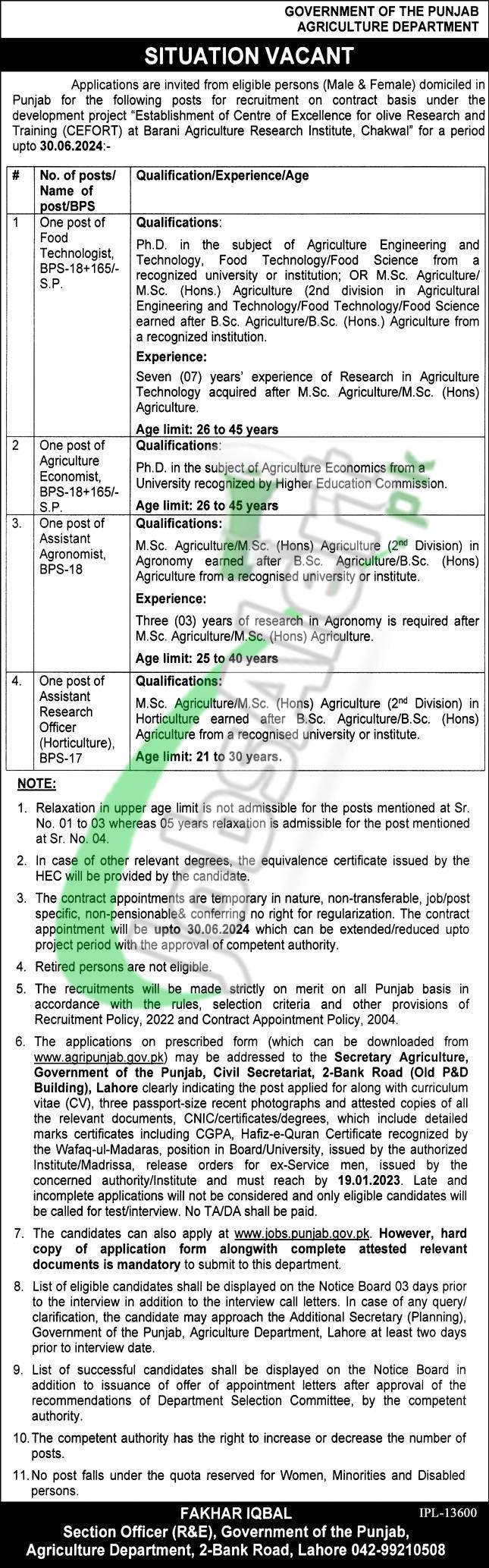 Agriculture Department Punjab Jobs 2023 Application Form Download