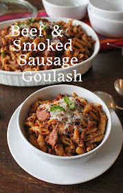 Food Lust People Love: This flavorful Beef and Smoked Sausage Goulash is made in an Instant Pot, first up is the wonderfully rich meaty tomato sauce and then the (uncooked!) pasta is added. No fuss, no trouble, very delicious!