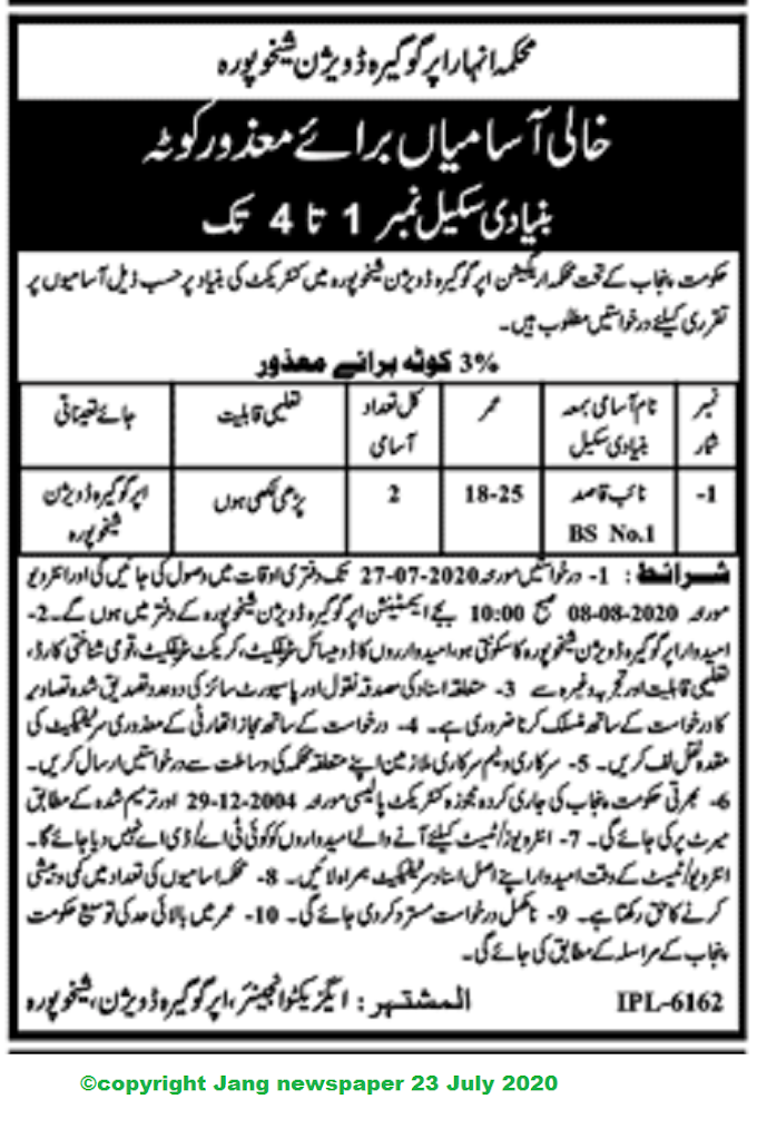 Irrigation Department Gogera Division Latest Jobs 2020 - Latest Vacancies Announced