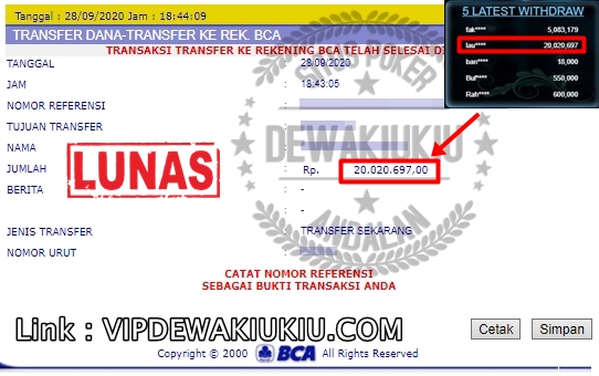 Bukti Transfer Kemenangan Member Setia DEWAKIUKIU