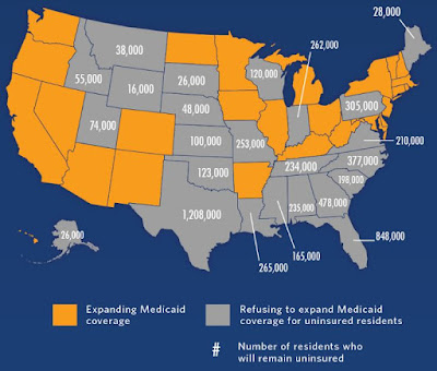 Medicaid Expansion and Non-Expansion States with estimate of eligible population in Non-Expansion States - Source: White House, Archived: https://web.archive.org/web/20140702152608/http://www.whitehouse.gov//expanding-medicaid