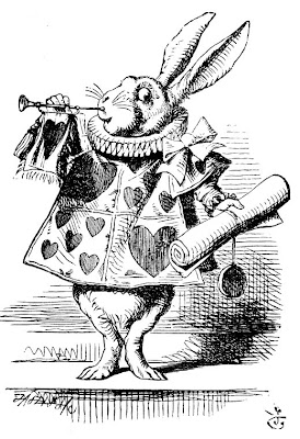 The White Rabbit in Heart court garb, holding a scroll and blowing a tiny trumpet