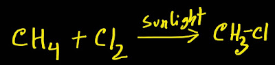 Methane reacts with chlorine in presence of sunlight and produce chloromethane(CH₃-Cl).