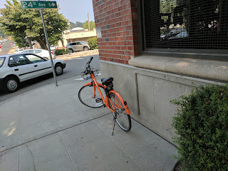 The hedge and corner of the building could be landmakrs for white cane users