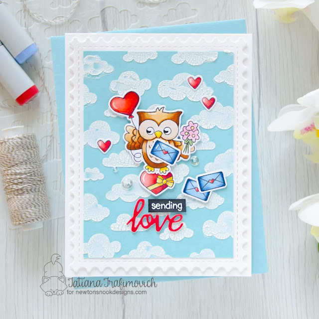 Sending Love Card by Tatiana Trafimovich | Love Owl-ways Stamp Set, Sending Hugs Stamp Set and Cloudy Sky Stencil by Newton's Nook Designs