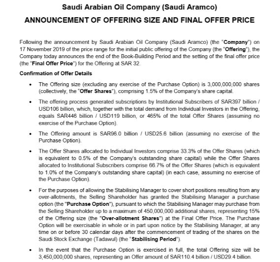 Oilholics Synonymous Report Saudi Aramco Ipo Price Set At Sar 32