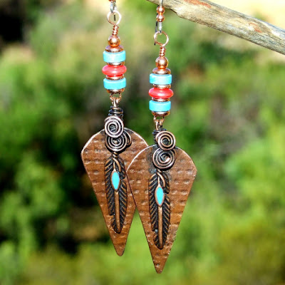 copper feather earrings gift for women
