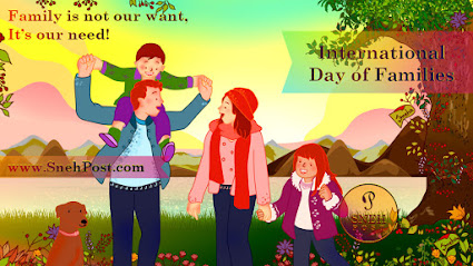 International Day of Families cartoon illustration drawing of a beautiful family of parent couple and their two kids! The father lifting up the boy on shoulder and mother holding the hands of the girl child while walking in the green garden around the grass and flowers. Quote saying, family is not our want, it’s our need.