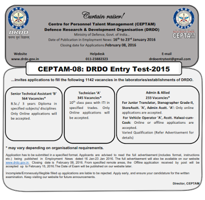 Recruitment in DRDO - 1142 Vacancies(B.Sc & ITI Qualification) 