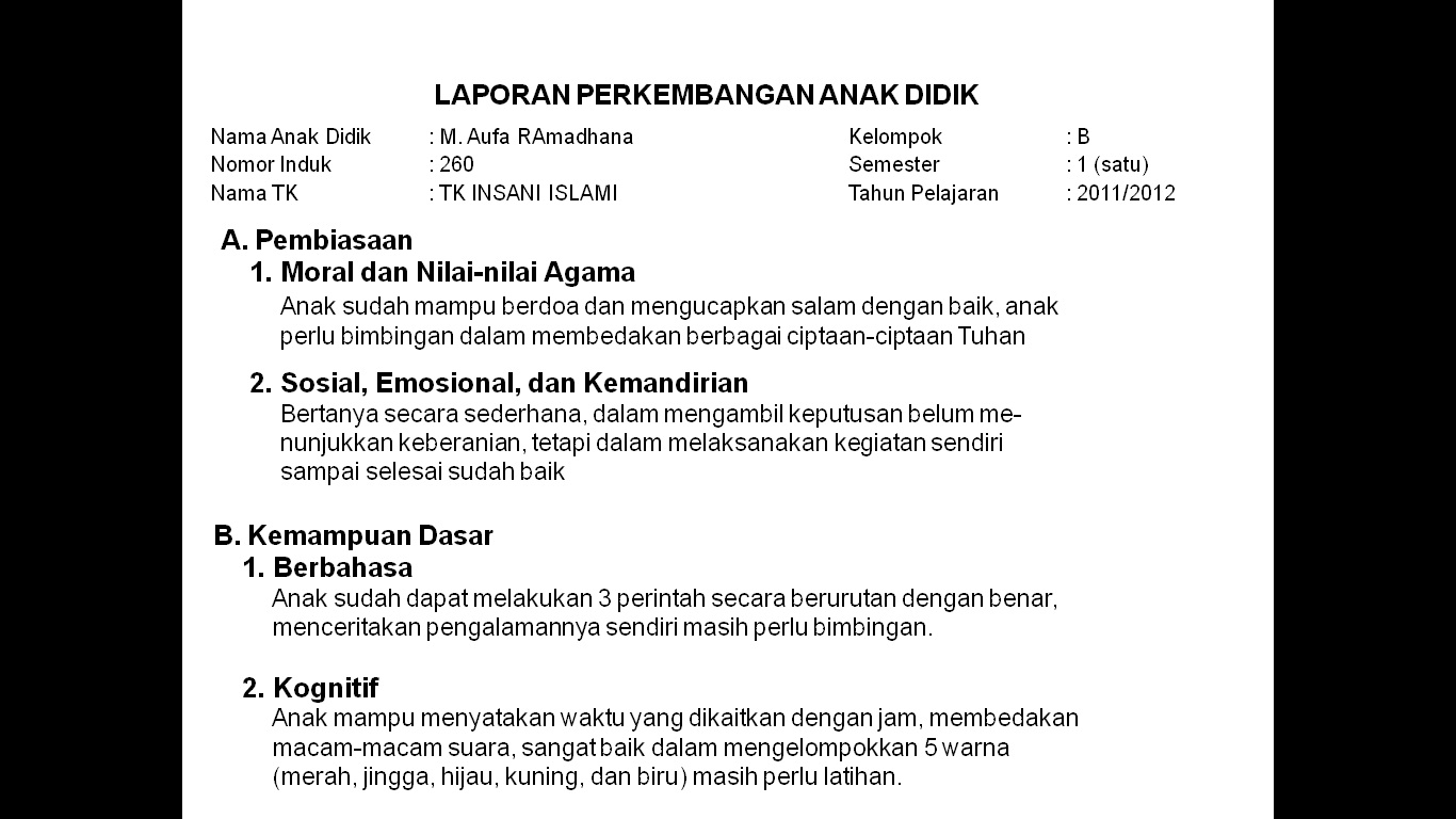 CONTOH FORMAT EVALUASI DAN PENILAIAN PAUD  ANAK PAUD 