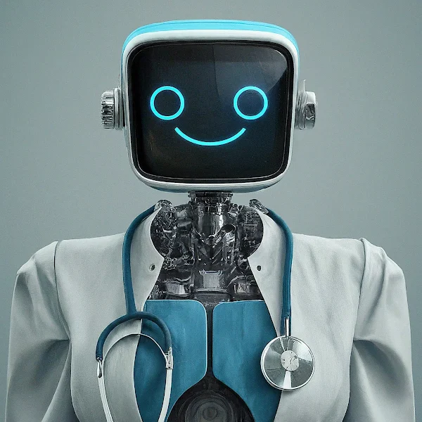 A robot doctor  with a stethoscope around its neck and a friendly expression on its screen