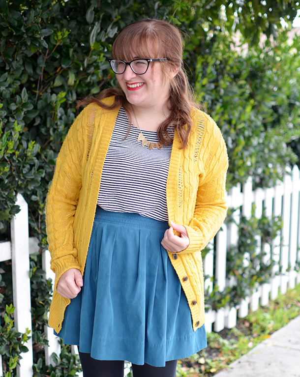 Yellow cardigan, thrifted teal skirt, Rocksbox necklace, and striped top