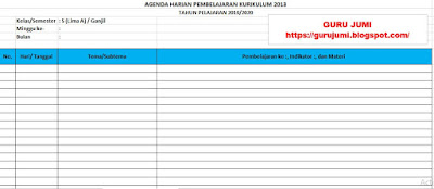 Format Agenda Harian Pembelajaran Kurikulum 2013 SD/MI TP 2019/2020, https://gurujumi.blogspot.com/