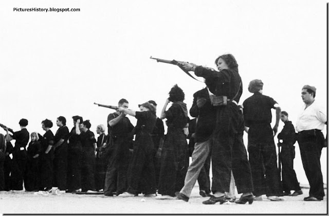 Soldiers train women loyalists Barcelona Spanish Civil War. June 2, 1937.
