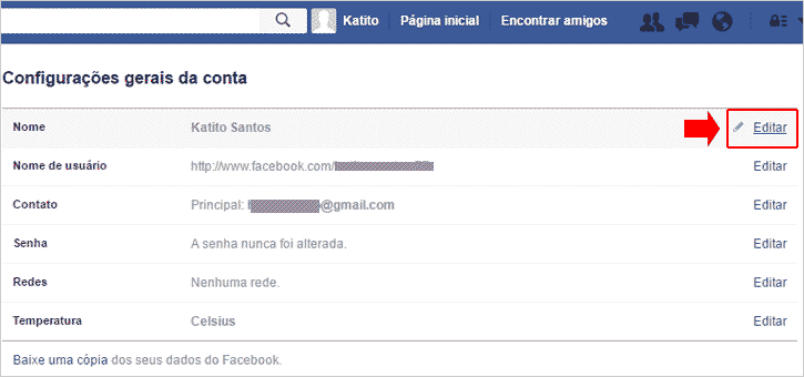 Configurações de nome no Facebook