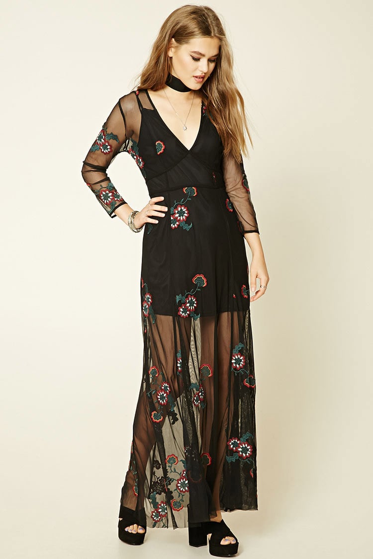 Black Embroidered Mesh Maxi Dress