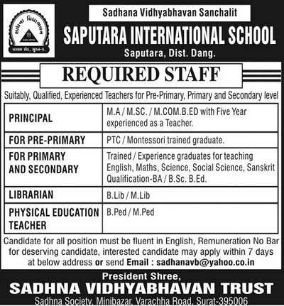 Saputara International School Recruitment 2017 for Various Posts