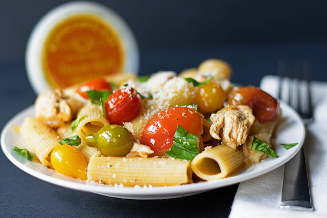 The finished plate of Chicken Caprese Pasta.