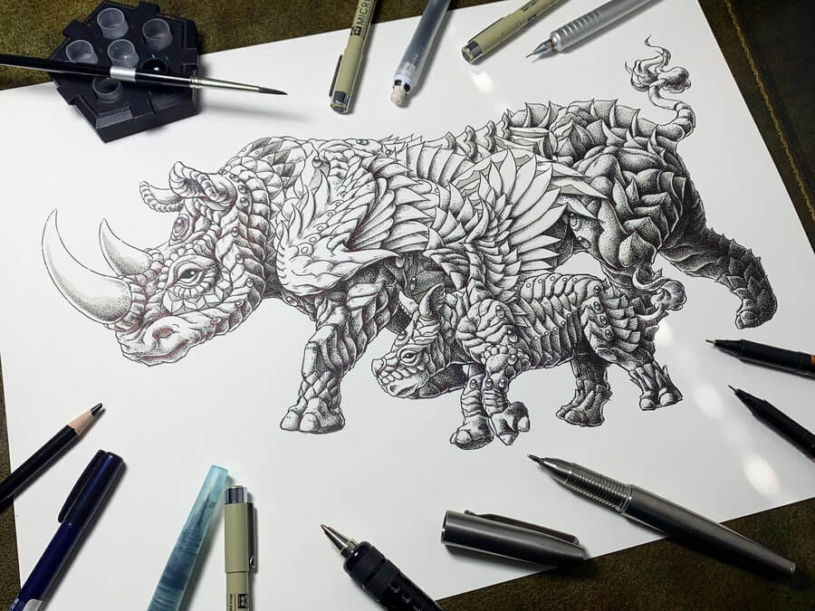 06-Rhino-and-baby-Animal-Drawings-Ben-Kwok-www-designstack-co