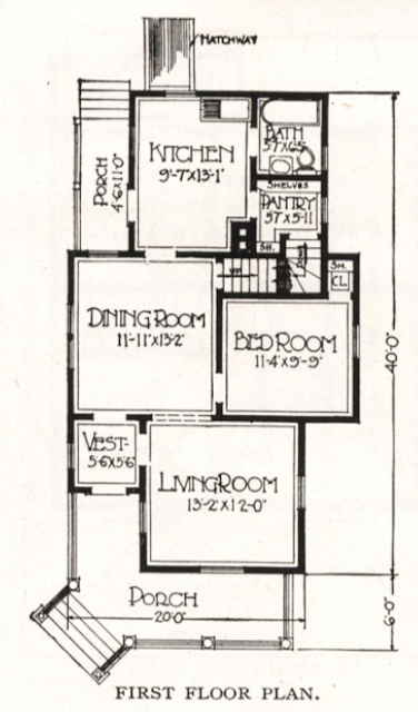 floor plan of first floor of the 1918 Sears Silverdale, showing a bathroom in the back right corner