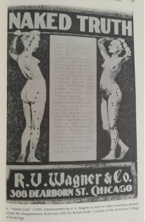 A segunda Naked Truth (1899), Advertisement by R. V. Wagner & Sons em que máquinas estáticas demonstram o desaparecimento da privacidade com o corpo feminino.