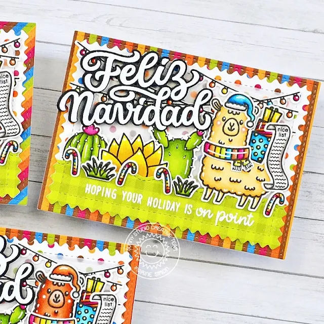 Sunny Studio Stamps: Feliz Navidad Holiday Cards by Marine Simon (featuring Stitched Rectangle Dies, Mini Mat & Tag Dies, Lovable Llama, Looking Sharp)