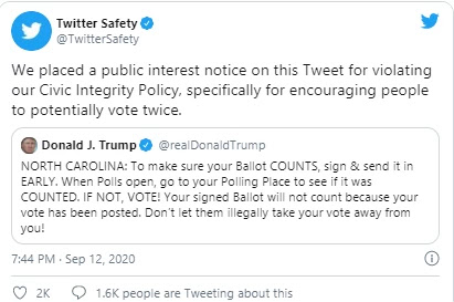 Still, Twitter said, "This post is to be flagged in violation of our Civic Integrity Policy, especially to encourage people to vote twice as much as possible."