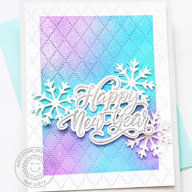 Sunny Studio Stamps: Dotted Diamond Background Die Focused New Year's Card by Isha Gupta (featuring Season's Greetings, Woolen Mitten Dies)