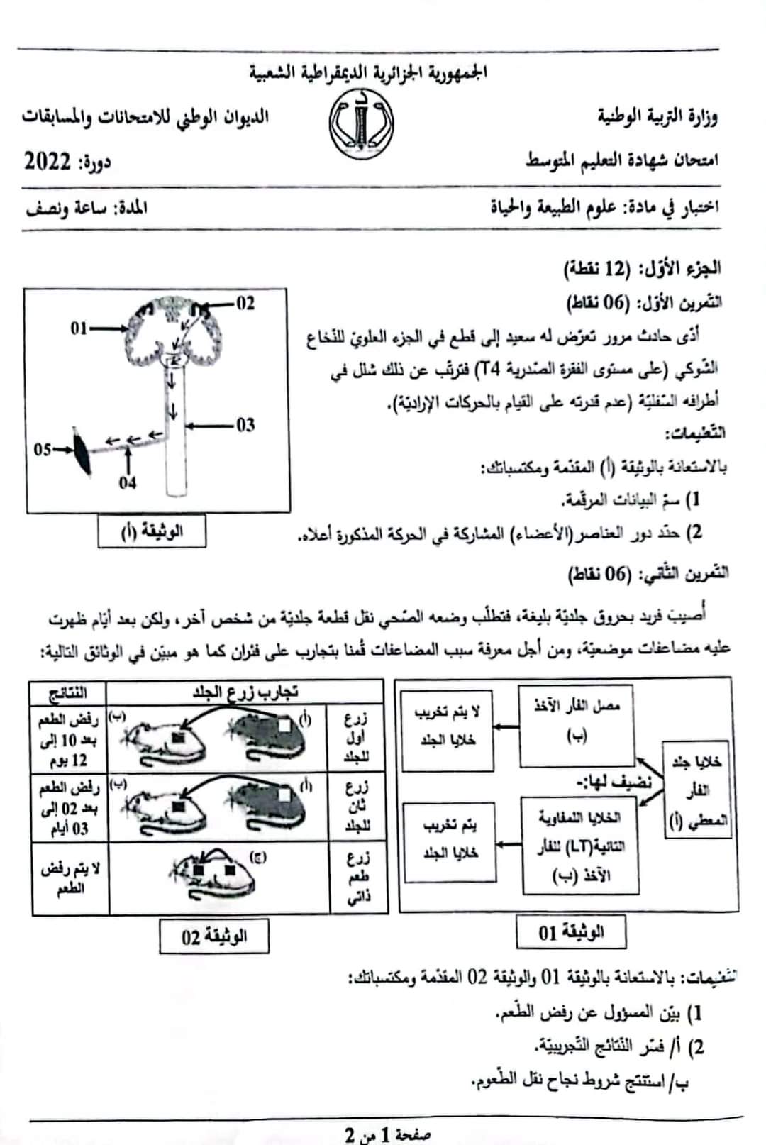 موضوع العلوم الطبيعية شهادة التعليم المتوسط 2022