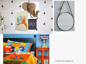 boy bedroom inspiration with decals, collage wall, cardboard animal head, and a nautical mirror