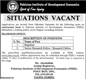 JOBS | PAKISTAN INSTITUTE OF DEVELOPMENT ECONOMICS | PIDE