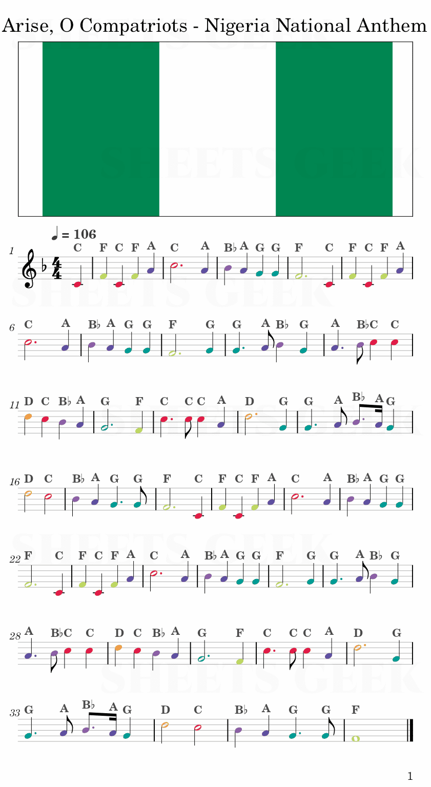 Arise, O Compatriots - Nigeria National Anthem Easy Sheet Music Free for piano, keyboard, flute, violin, sax, cello page 1