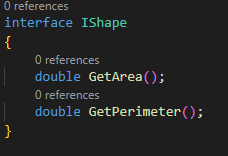 interface in C#, in which we have created an interface named IShape. The IShape interface specifies two methods that any class or struct that implements the interface must provide implementations for: GetArea() and GetPerimeter() by Ziggy Rafiq